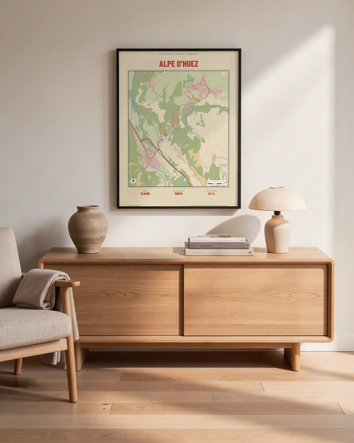Alpe d'Huez Carte Routière map poster in a black frame (45 × 60 cm) in a living room