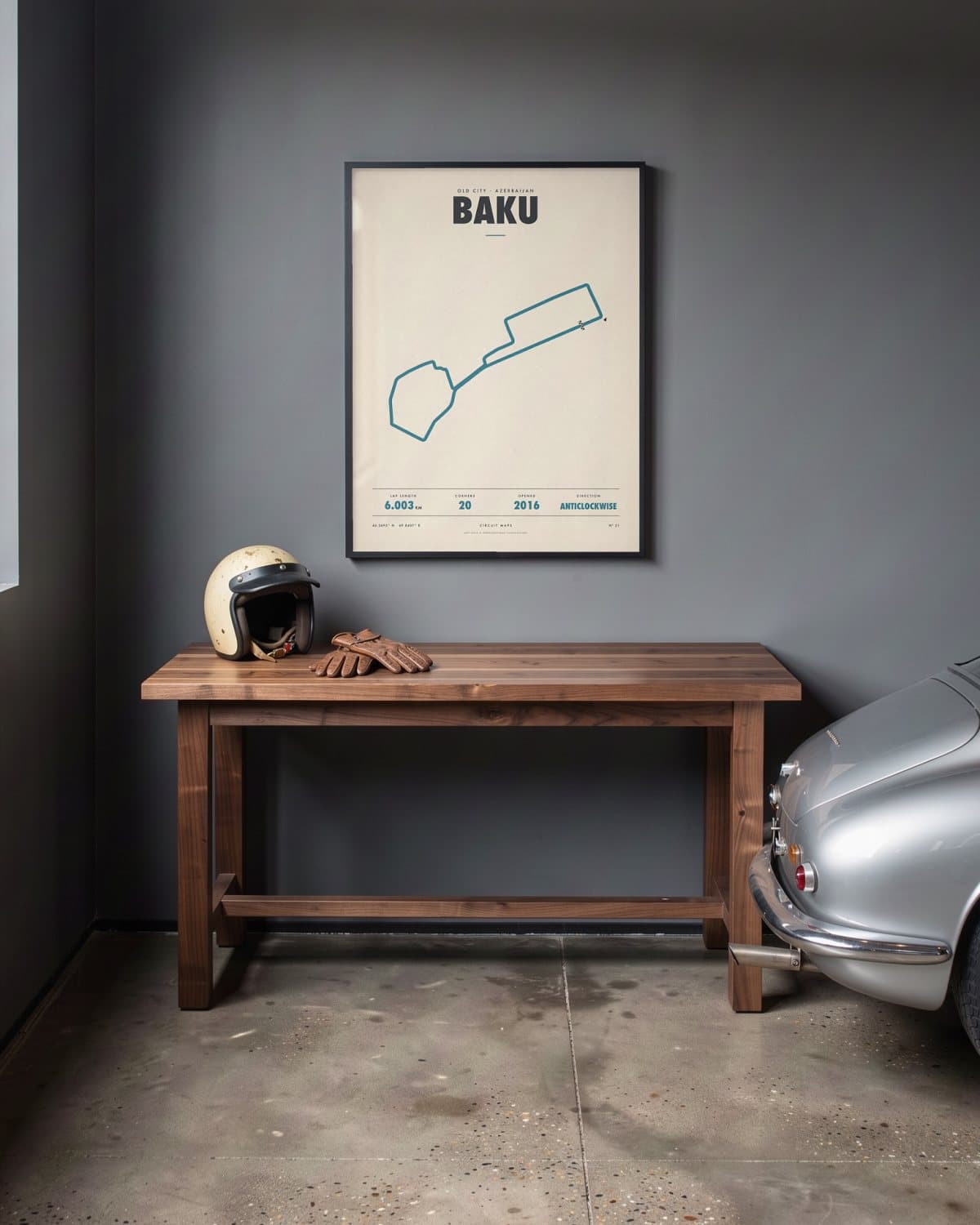 Baku circuit poster in a black frame (45 × 60 cm) in a home garage