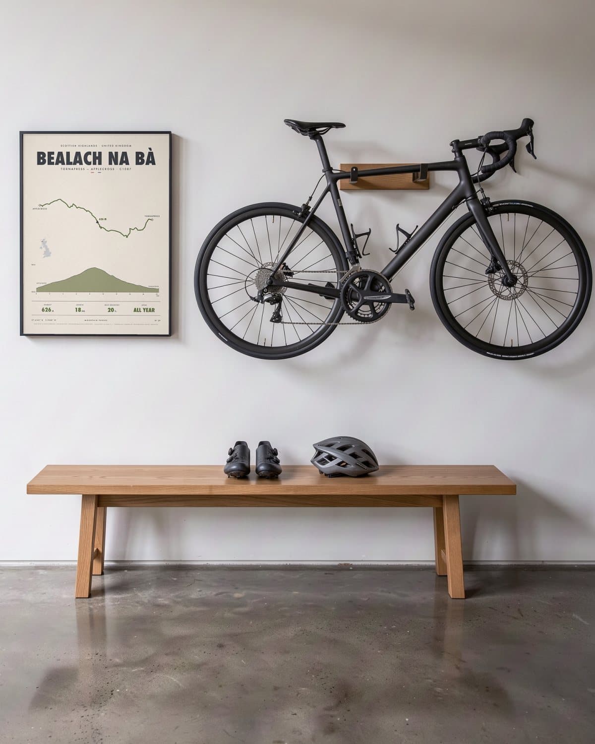 Bealach Na Bà mountain pass poster in a black frame (45 × 60 cm) in a hallway beside a road bike