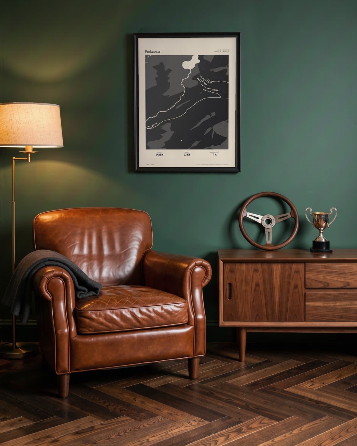 Furkapass Atlas Black map poster in a black frame (45 × 60 cm) in a green den