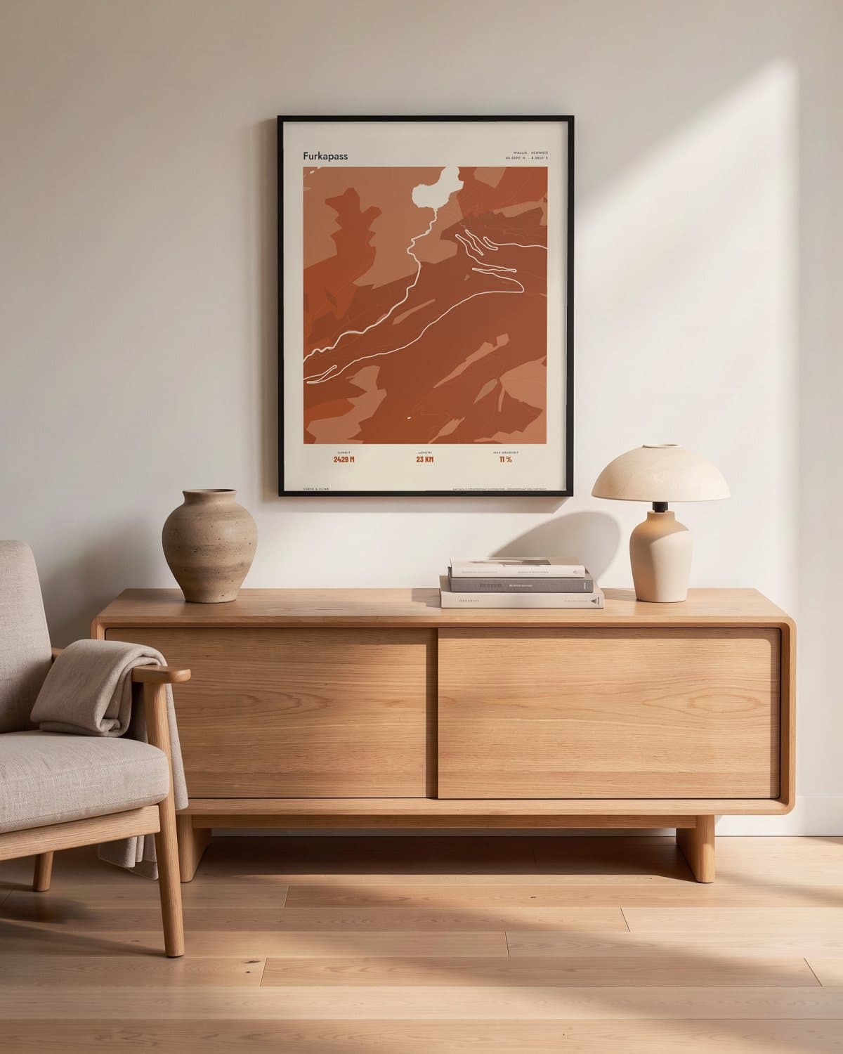 Furkapass Atlas Burnt Orange map poster in a black frame (45 × 60 cm) in a living room