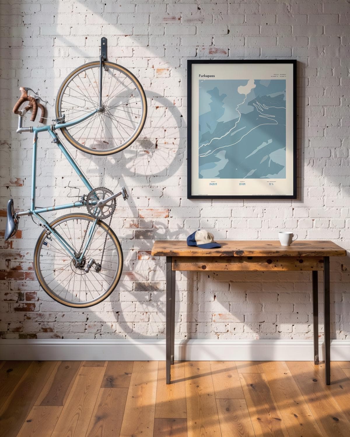 Furkapass Atlas Dusky Blue map poster in a black frame (45 × 60 cm) in a brick loft with a vintage bike
