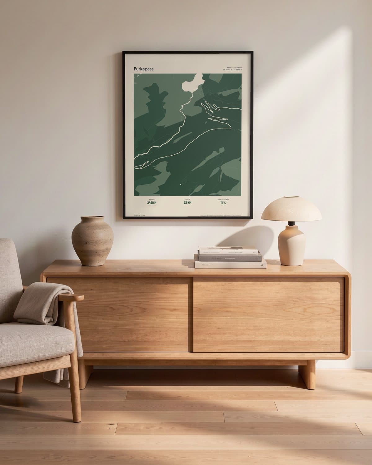 Furkapass Atlas Forest map poster in a black frame (45 × 60 cm) in a living room