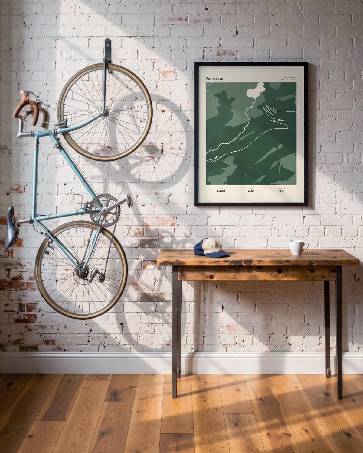 Furkapass Atlas Forest map poster in a black frame (45 × 60 cm) in a brick loft with a vintage bike