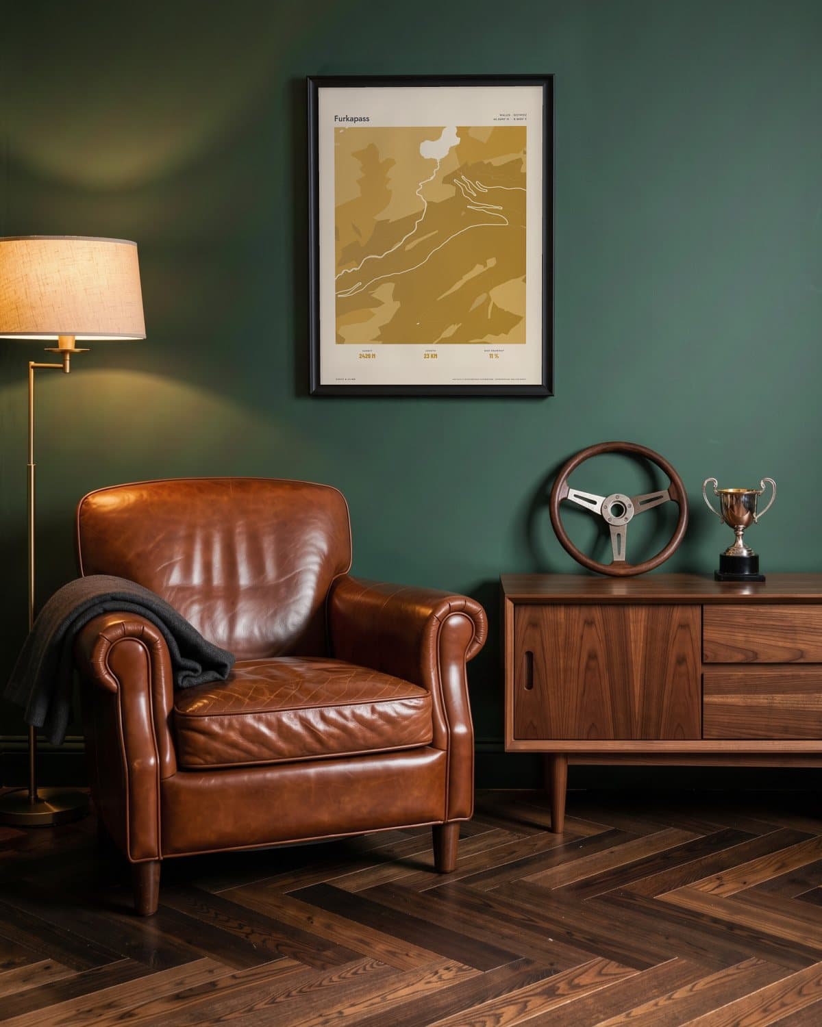 Furkapass Atlas Mustard map poster in a black frame (45 × 60 cm) in a green den