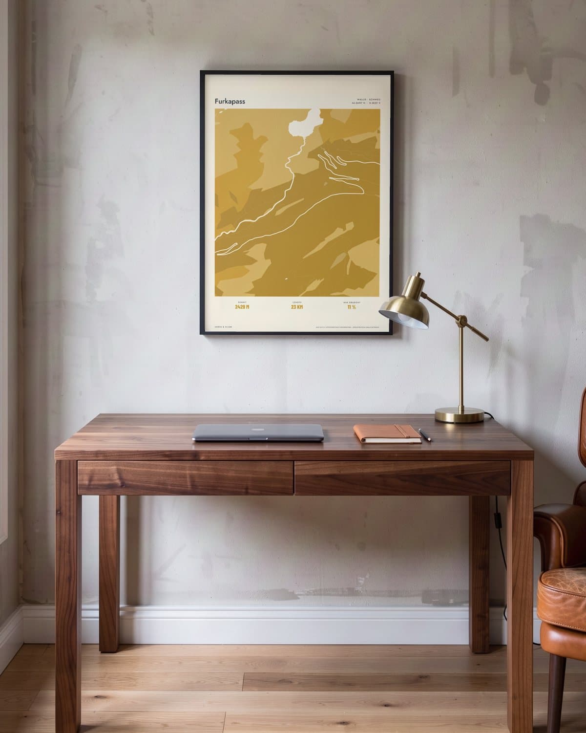 Furkapass Atlas Mustard map poster in a black frame (45 × 60 cm) in a home office