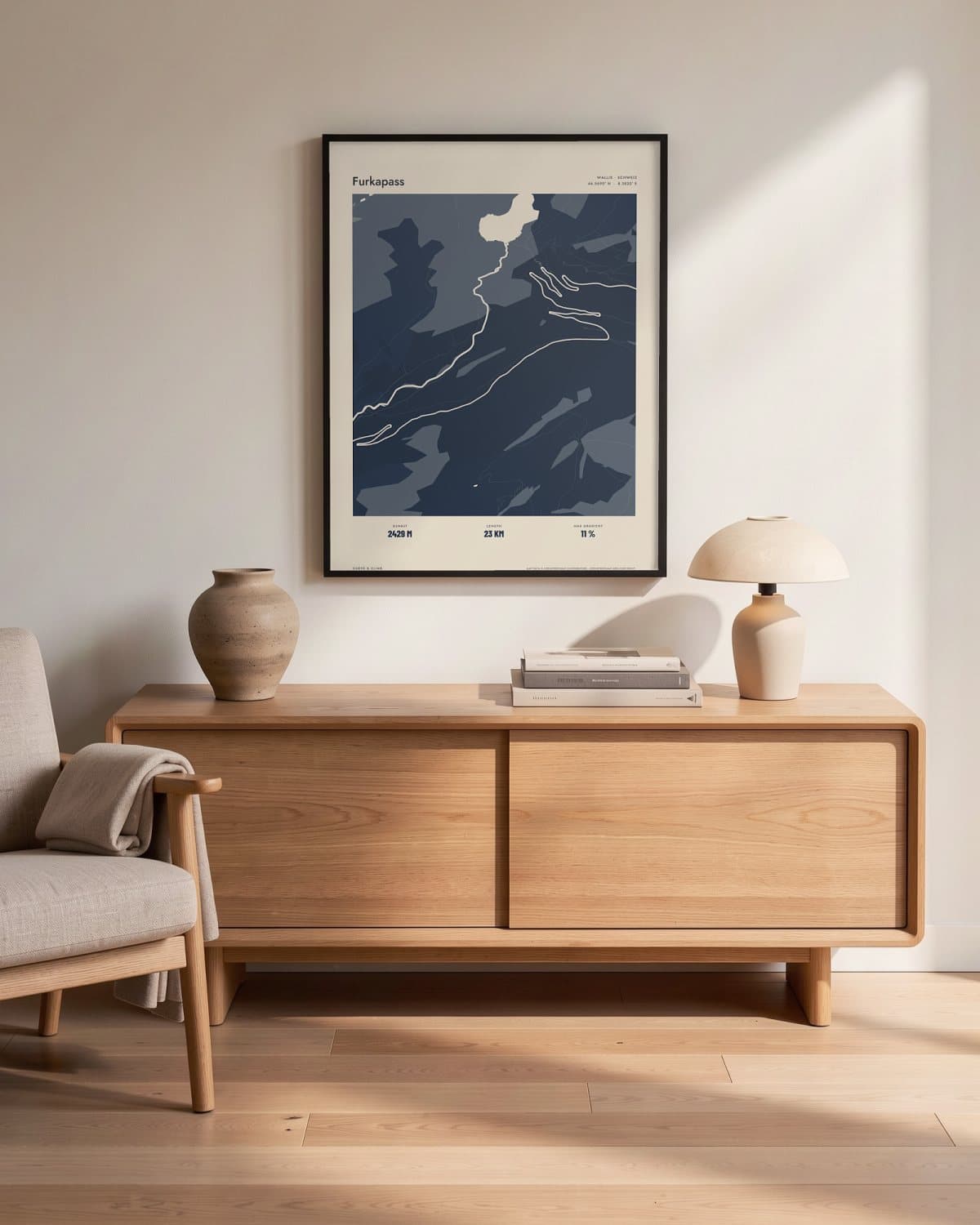 Furkapass Atlas Navy map poster in a black frame (45 × 60 cm) in a living room
