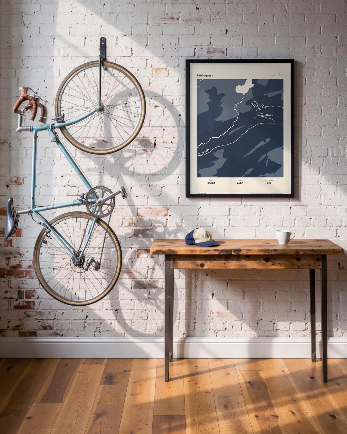 Furkapass Atlas Navy map poster in a black frame (45 × 60 cm) in a brick loft with a vintage bike