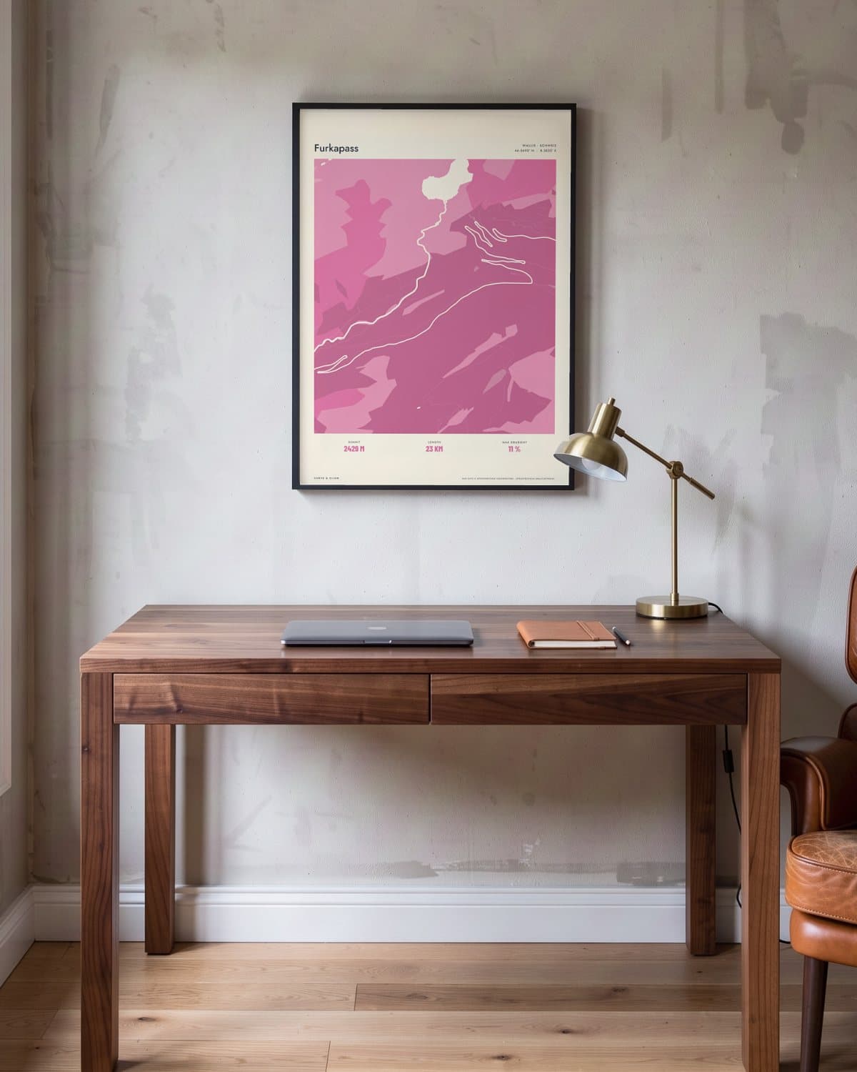 Furkapass Atlas Pink map poster in a black frame (45 × 60 cm) in a home office