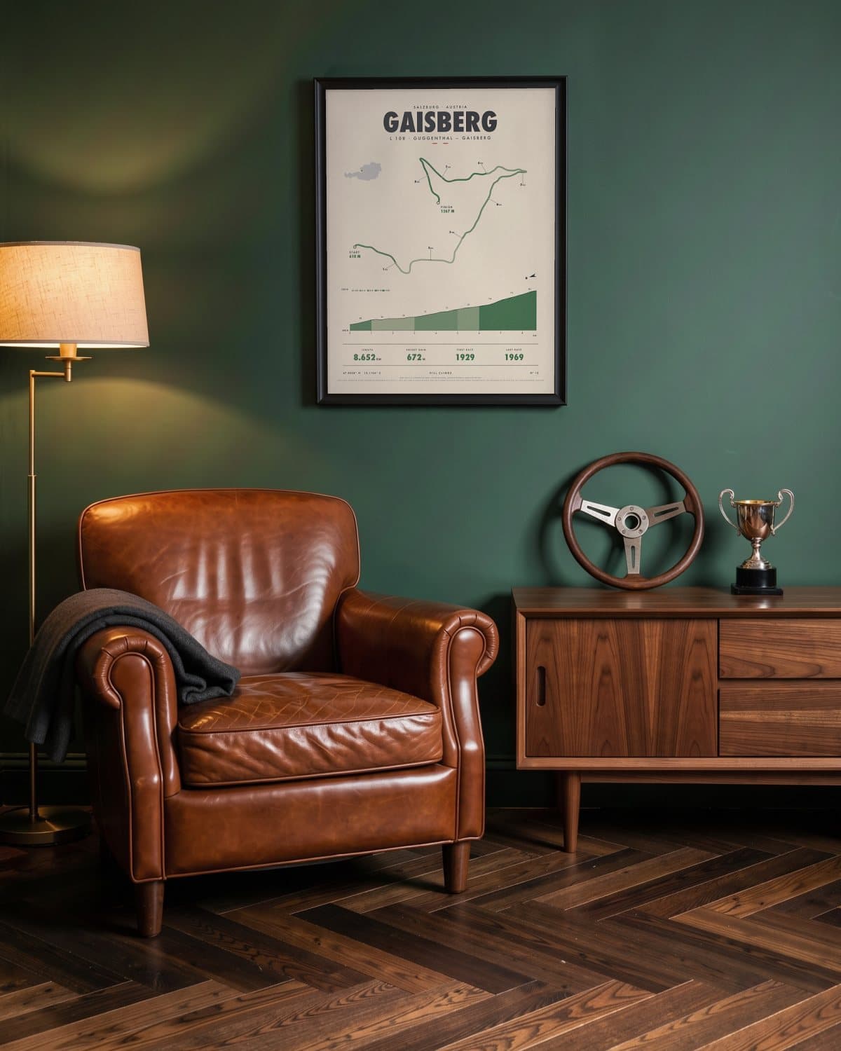 Gaisberg hill climb poster in a black frame (45 × 60 cm) in a green den