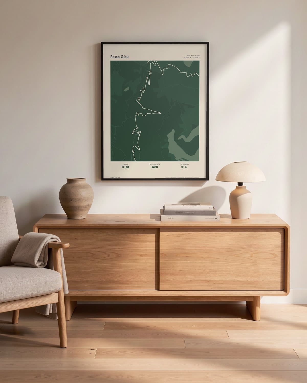 Passo Giau Atlas Forest map poster in a black frame (45 × 60 cm) in a living room