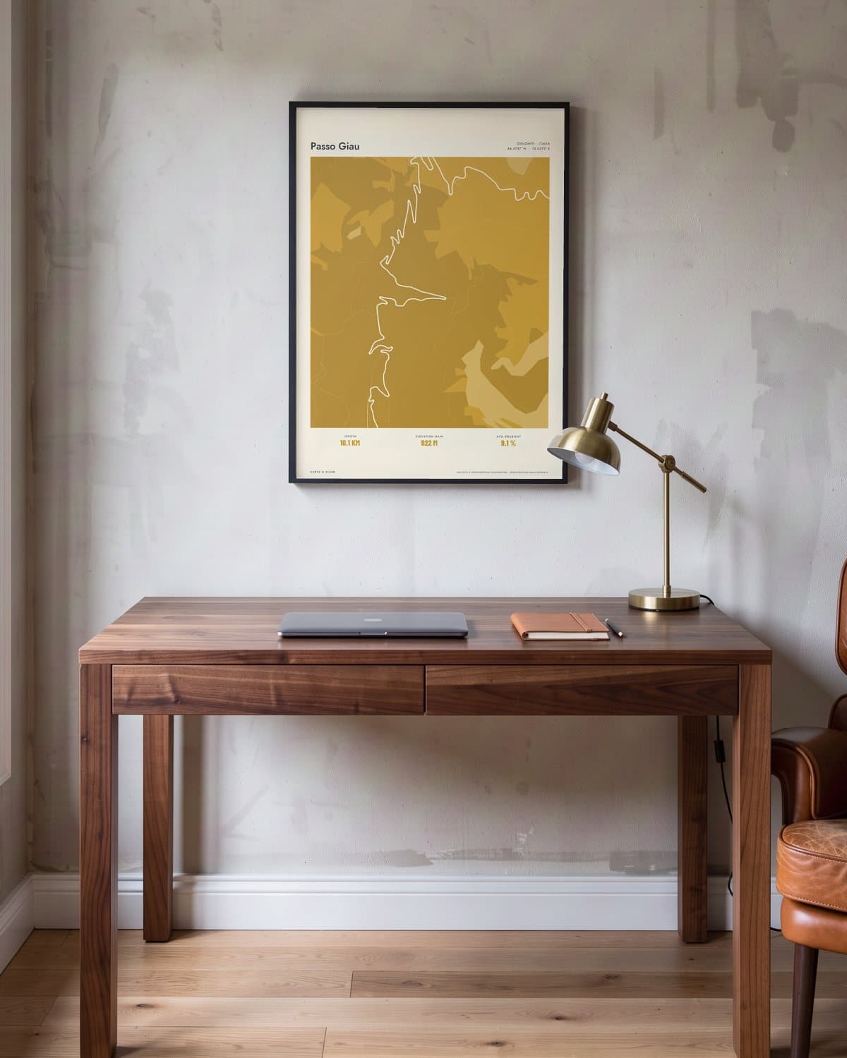 Passo Giau Atlas Mustard map poster in a black frame (45 × 60 cm) in a home office