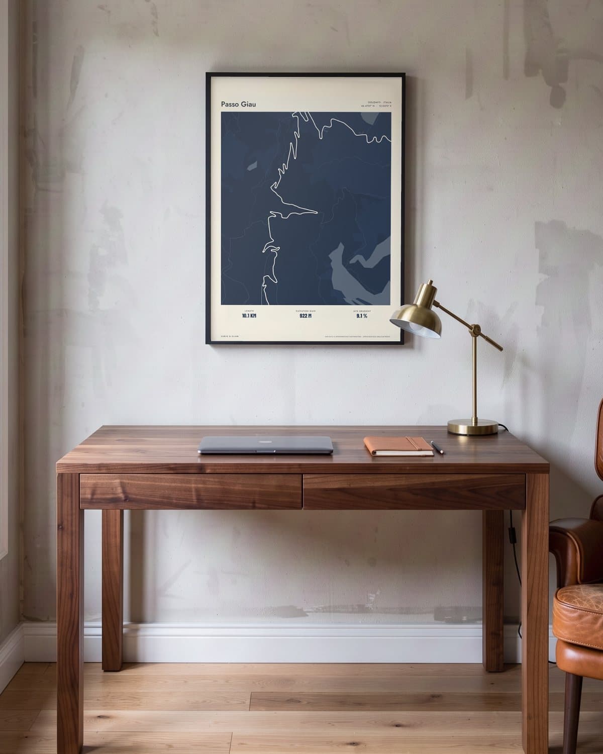 Passo Giau Atlas Navy map poster in a black frame (45 × 60 cm) in a home office