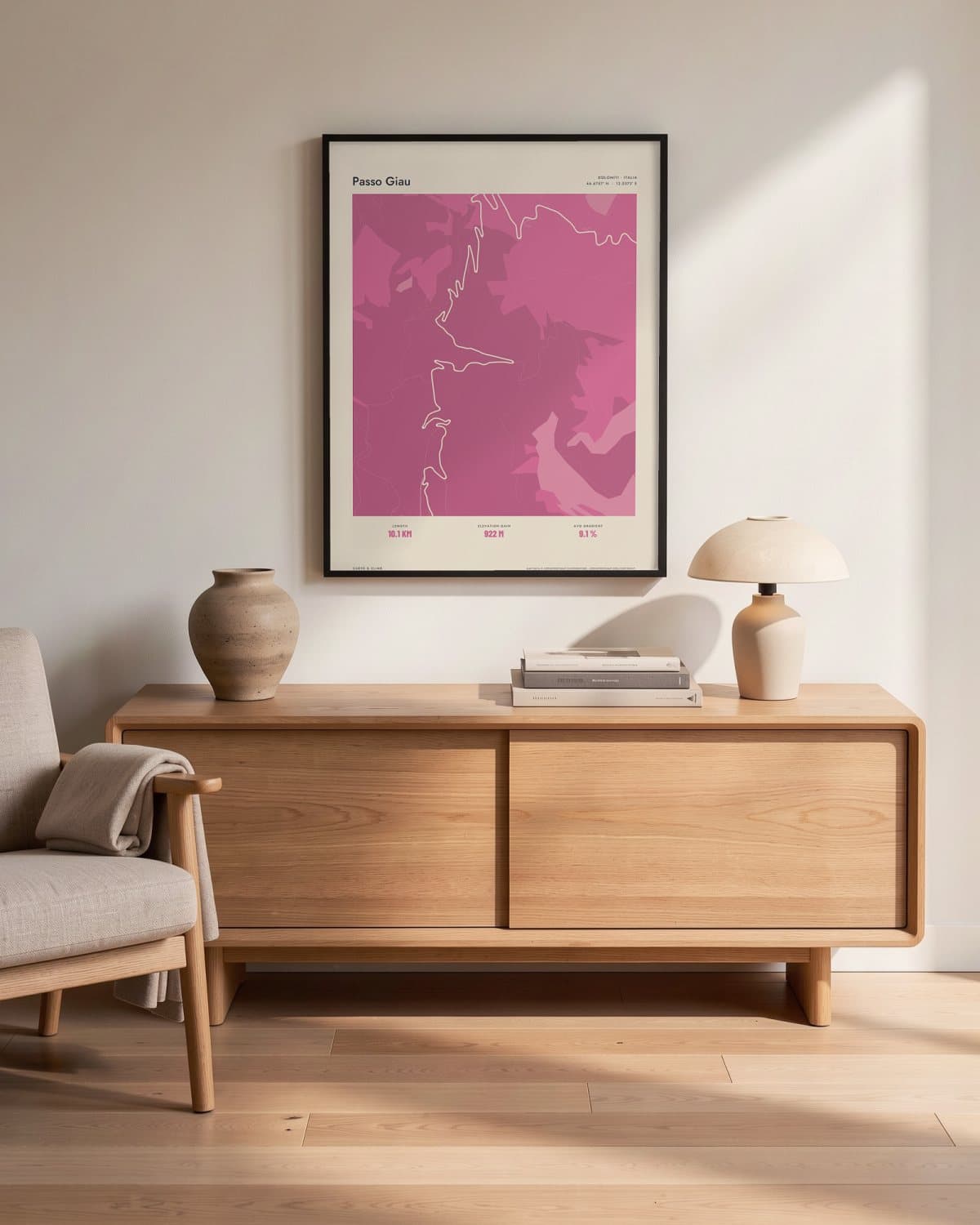 Passo Giau Atlas Pink map poster in a black frame (45 × 60 cm) in a living room