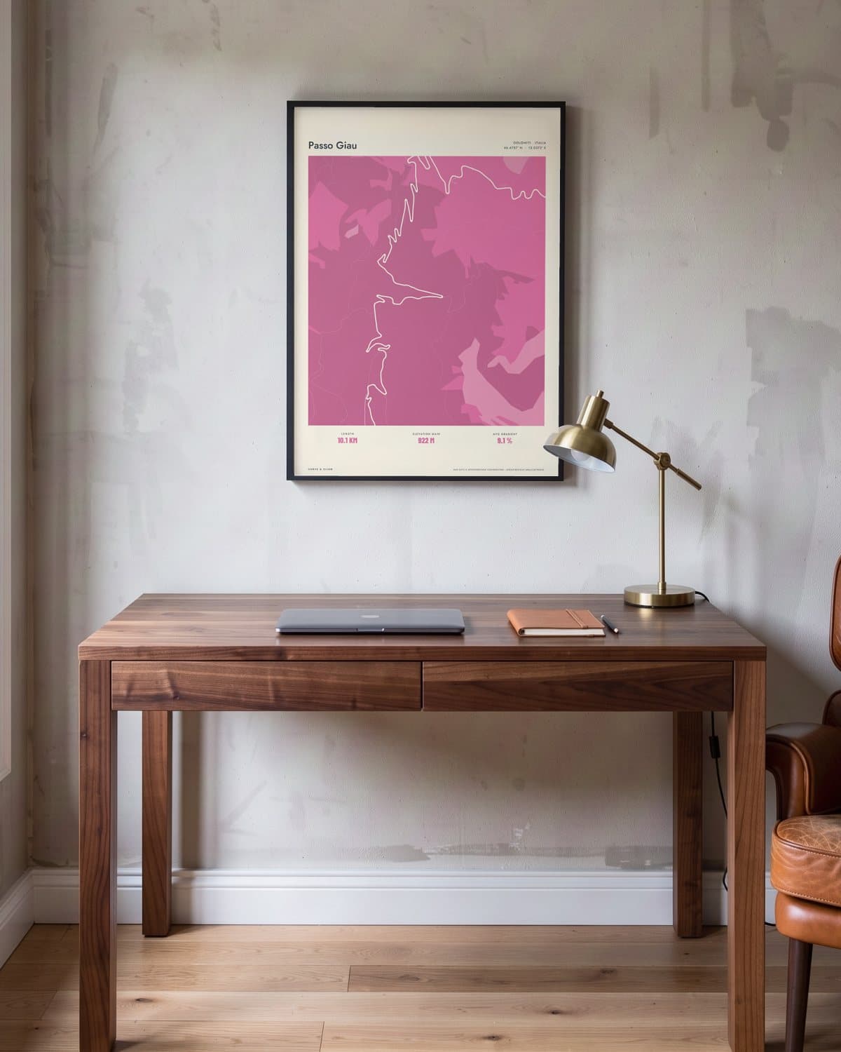 Passo Giau Atlas Pink map poster in a black frame (45 × 60 cm) in a home office