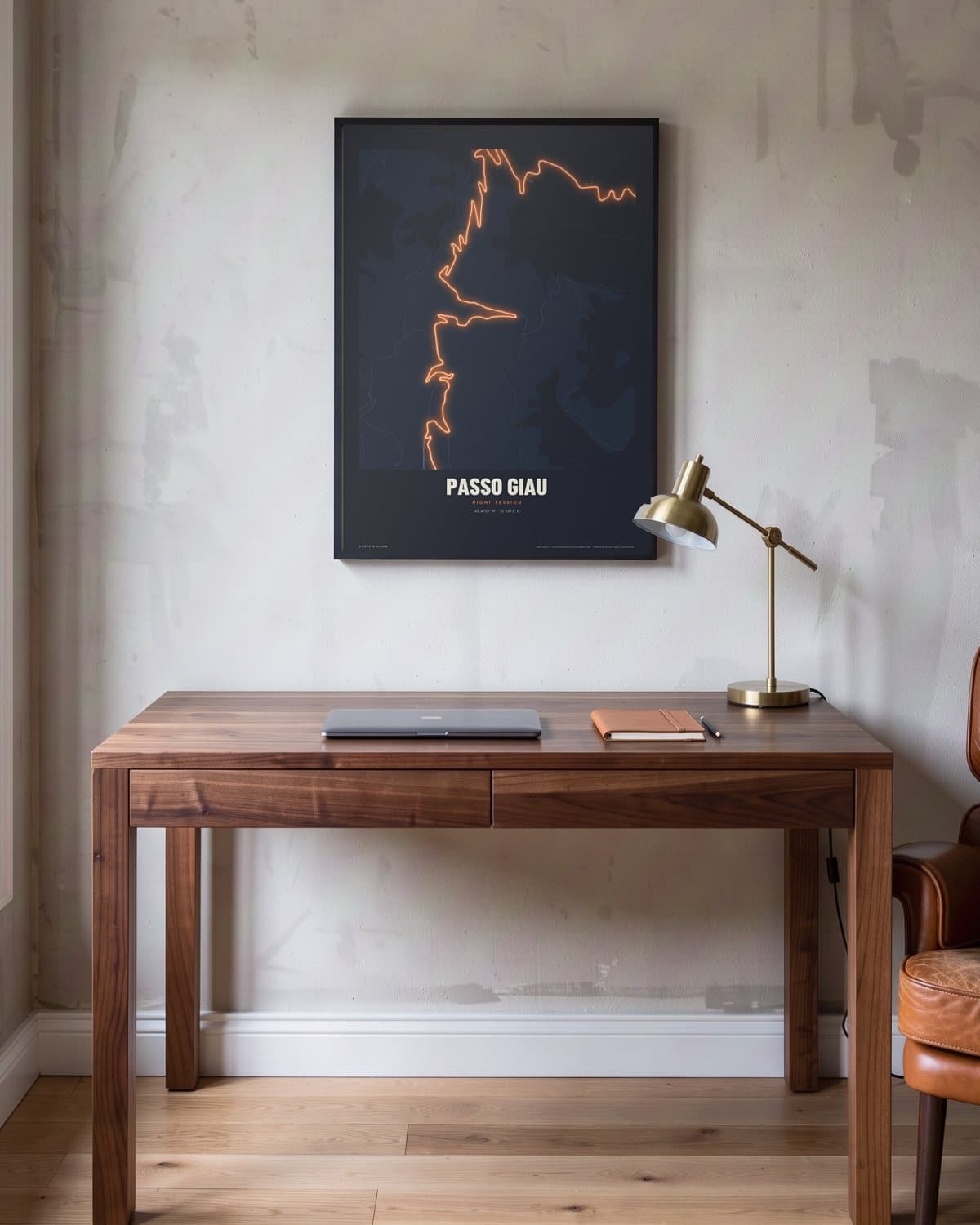 Passo Giau Night Session map poster in a black frame (45 × 60 cm) in a home office