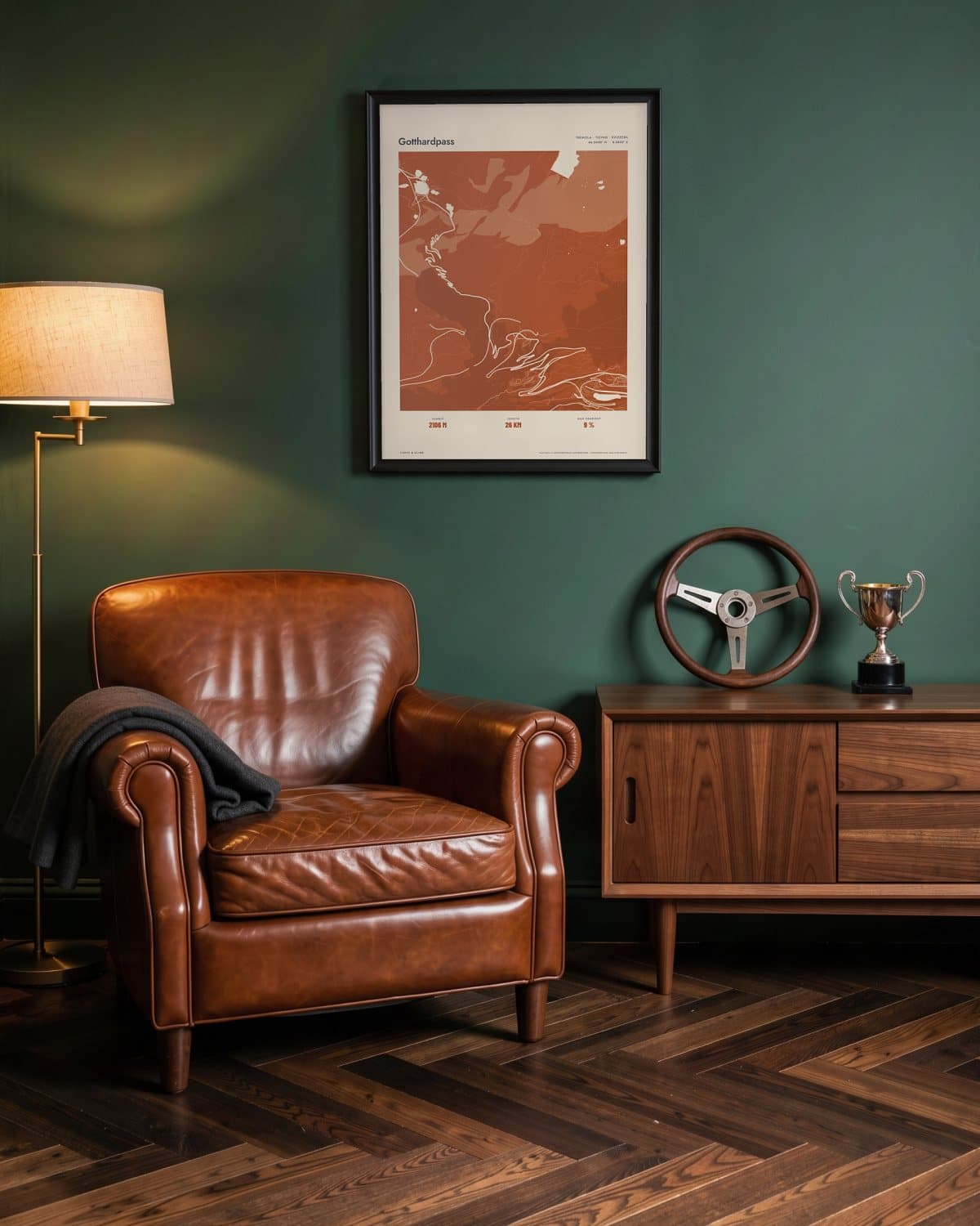 Gotthardpass Atlas Burnt Orange kaartposter in een zwarte lijst (45 × 60 cm) in een groene leeskamer