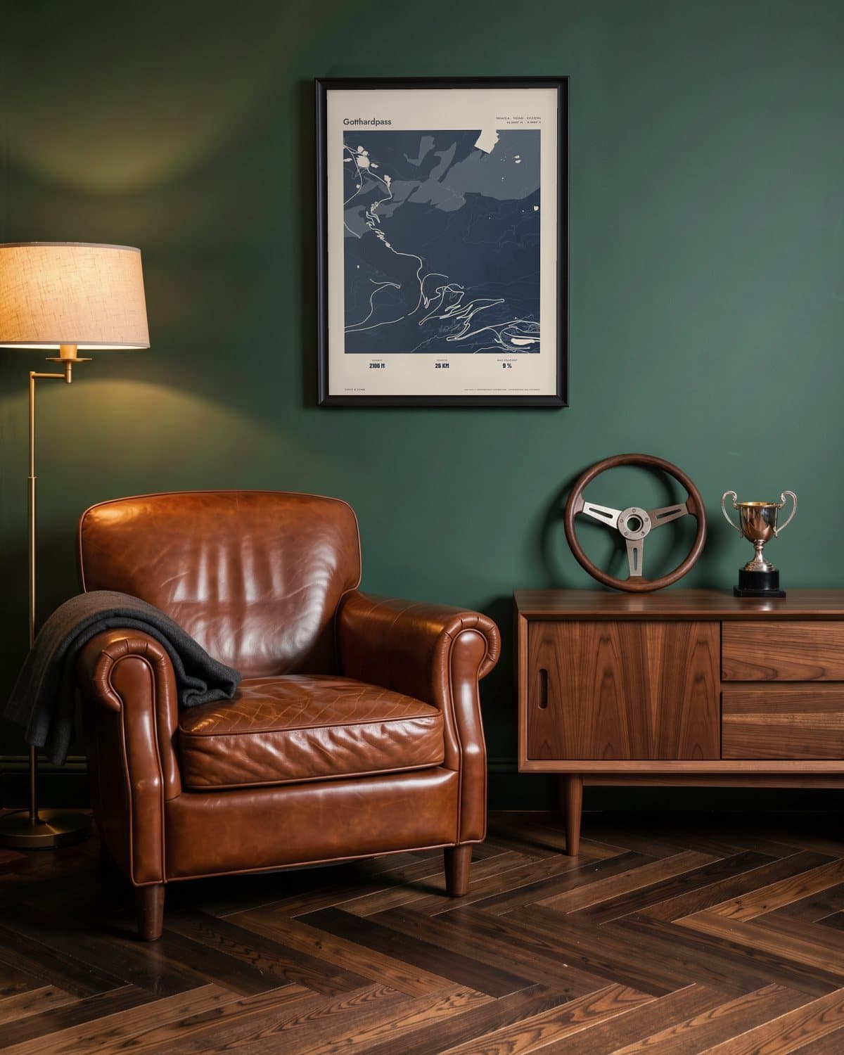 Gotthardpass Atlas Navy kaartposter in een zwarte lijst (45 × 60 cm) in een groene leeskamer