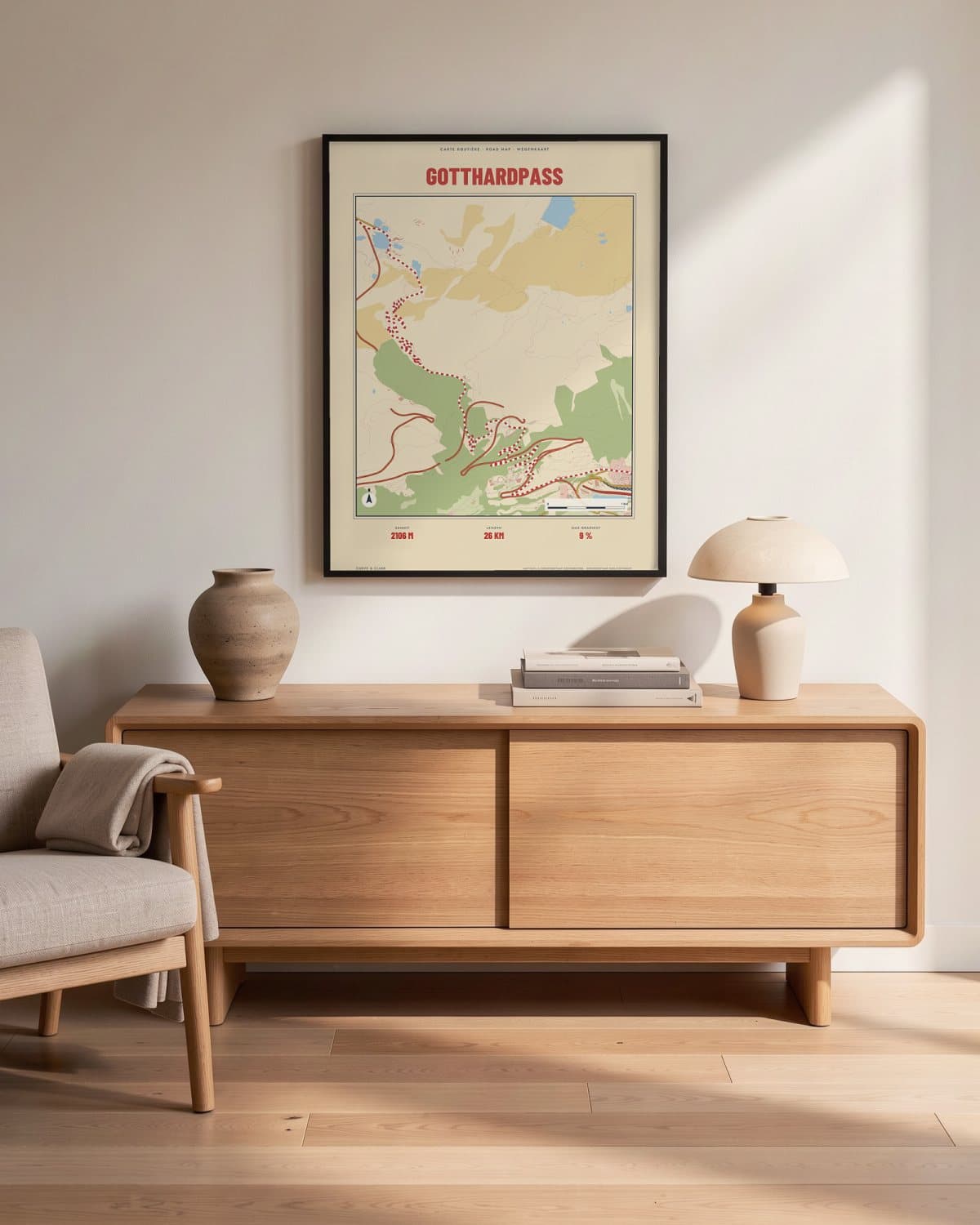 Gotthardpass Carte Routière map poster in a black frame (45 × 60 cm) in a living room