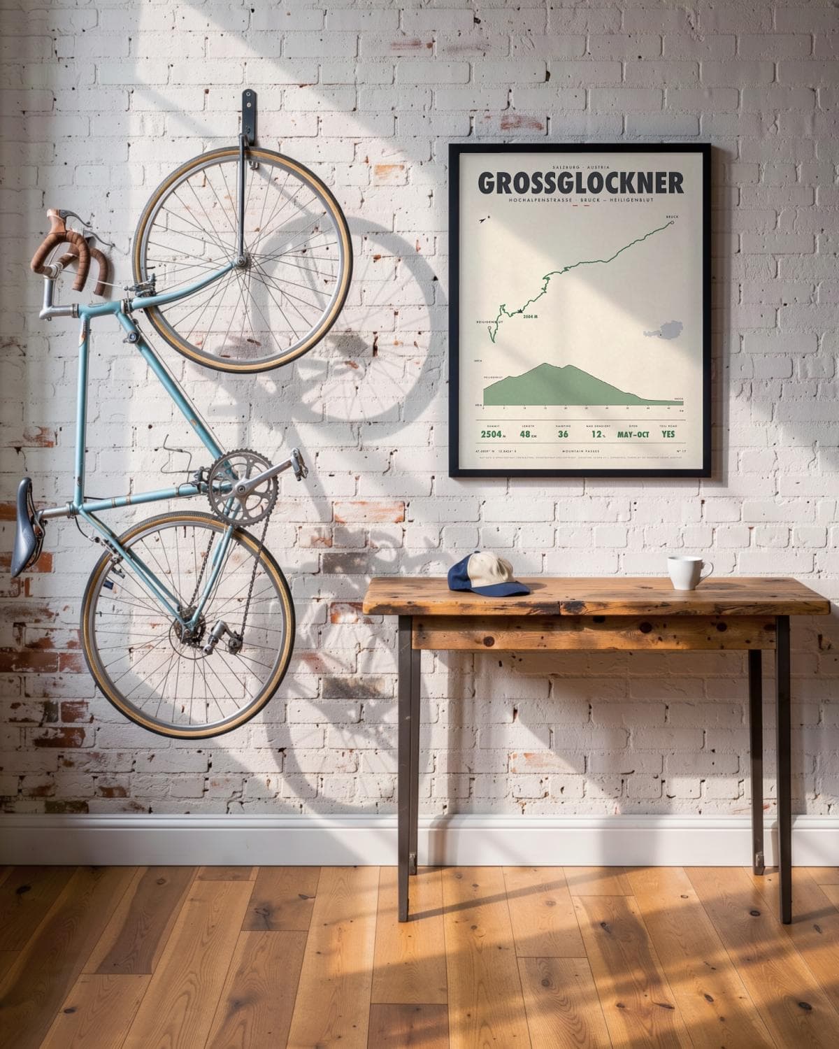 Grossglockner mountain pass poster in a black frame (45 × 60 cm) in a brick loft with a vintage bike