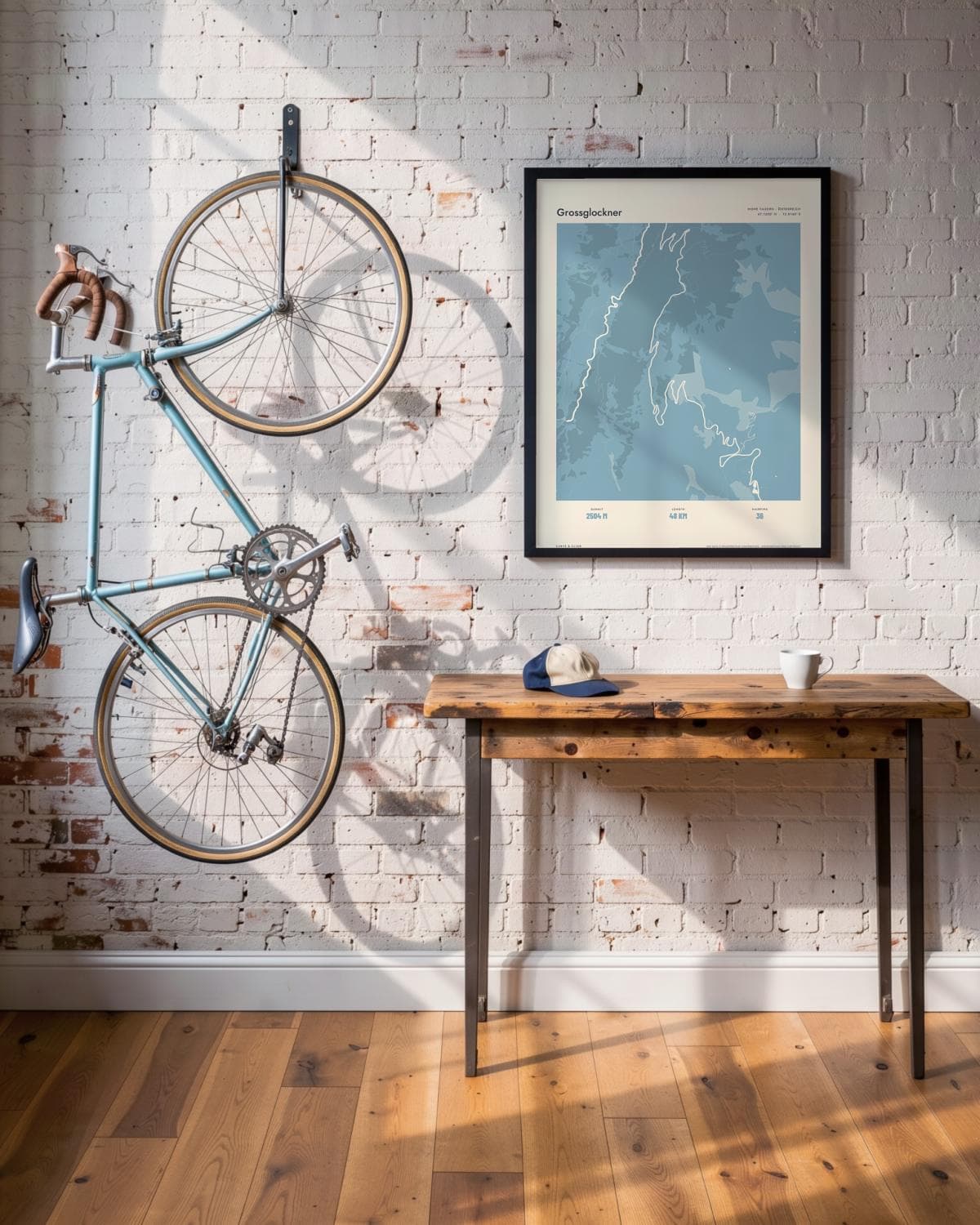 Grossglockner Atlas Dusky Blue map poster in a black frame (45 × 60 cm) in a brick loft with a vintage bike