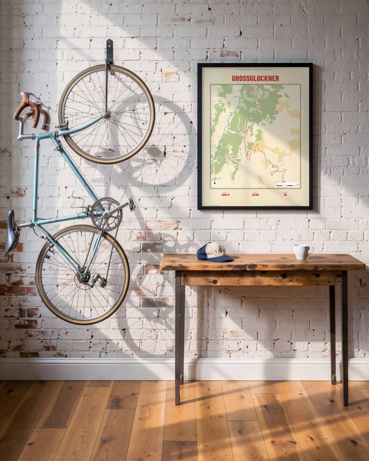 Grossglockner Carte Routière kaartposter in een zwarte lijst (45 × 60 cm) in een loft met een klassieke racefiets