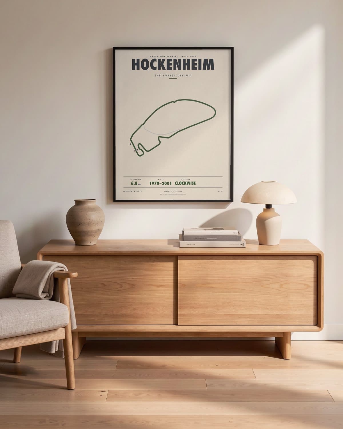 Hockenheim 1970–2001 historic circuit poster in a black frame (45 × 60 cm) in a living room