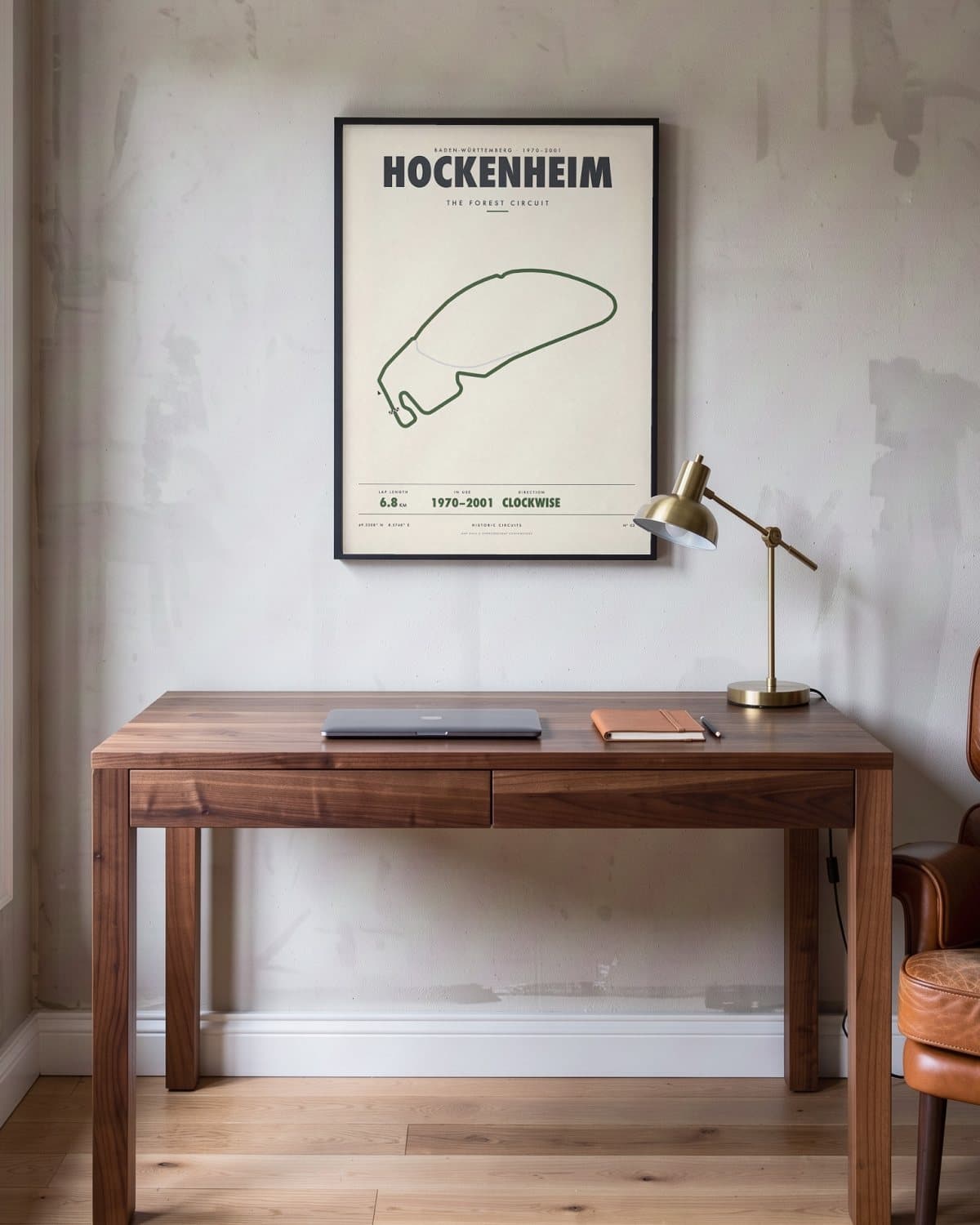 Hockenheim 1970–2001 historic circuit poster in a black frame (45 × 60 cm) in a home office