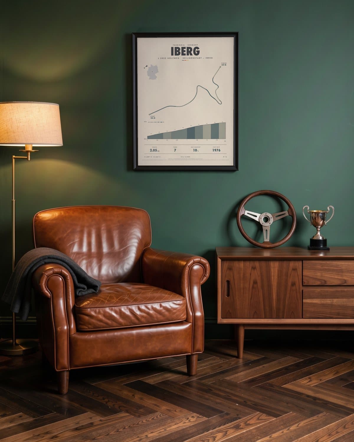 Iberg hill climb poster in a black frame (45 × 60 cm) in a green den