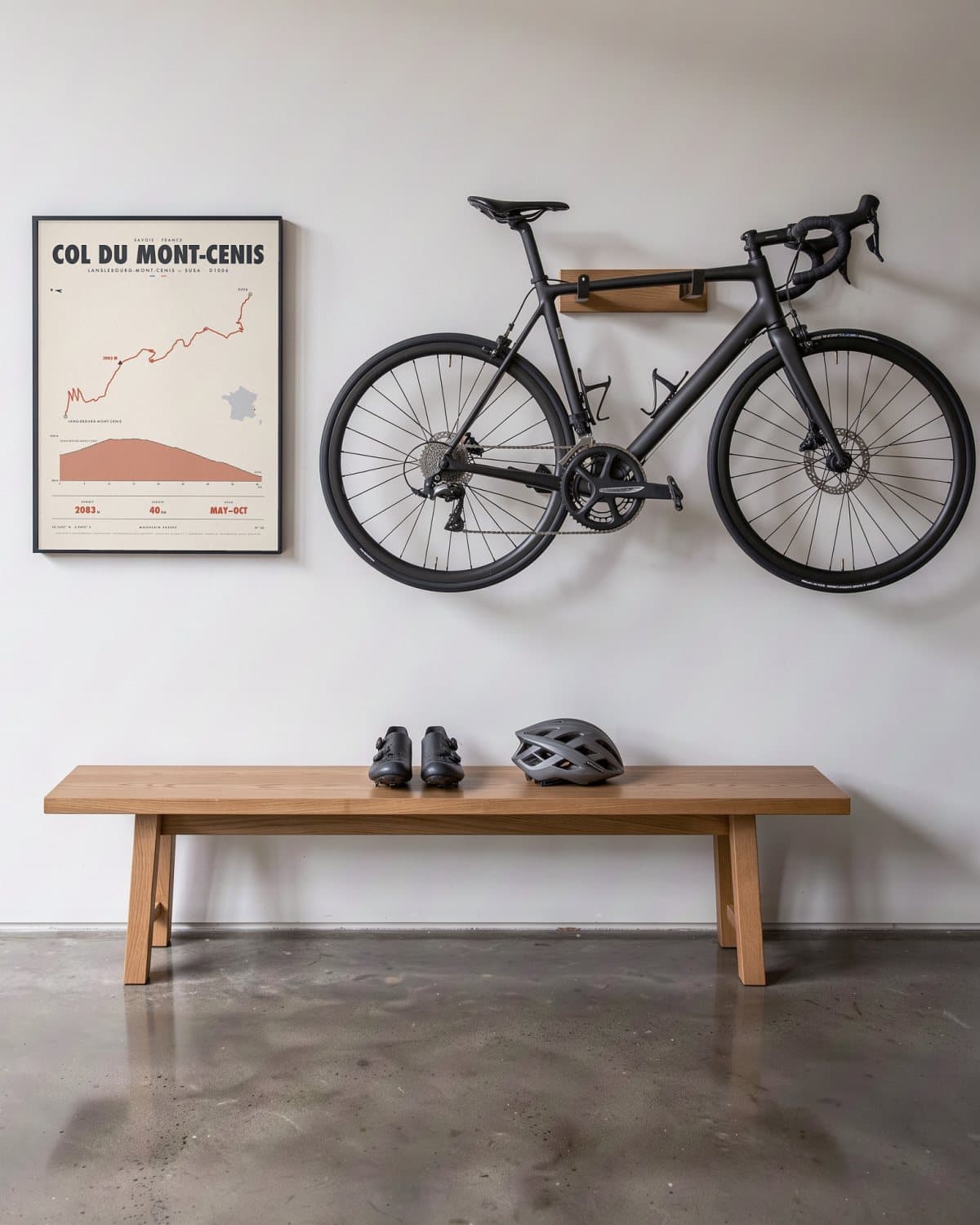 Col du Mont-Cenis bergpasposter in een zwarte lijst (45 × 60 cm) in een hal naast een racefiets