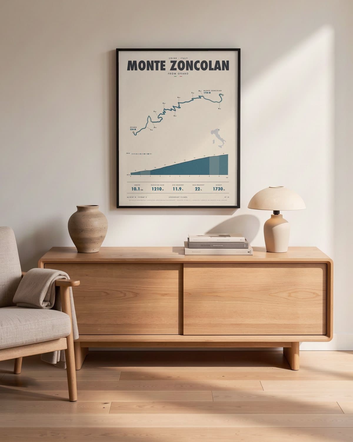 Monte Zoncolan cycling climb poster in a black frame (45 × 60 cm) in a living room