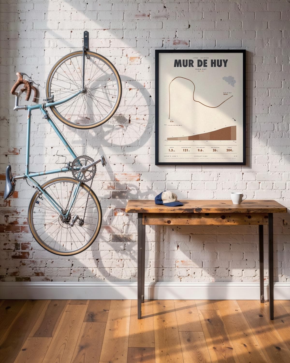 Mur de Huy fietsklimposter in een zwarte lijst (45 × 60 cm) in een loft met een klassieke racefiets