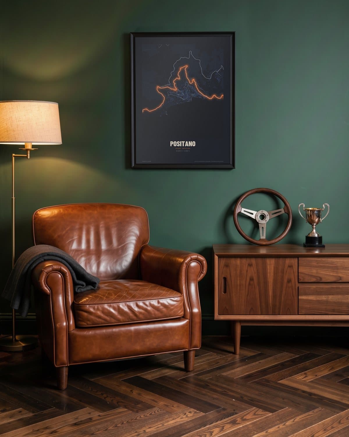 Positano Night Session map poster in a black frame (45 × 60 cm) in a green den