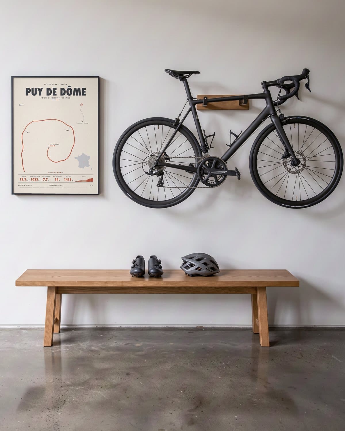 Puy de Dôme cycling climb poster in a black frame (45 × 60 cm) in a hallway beside a road bike