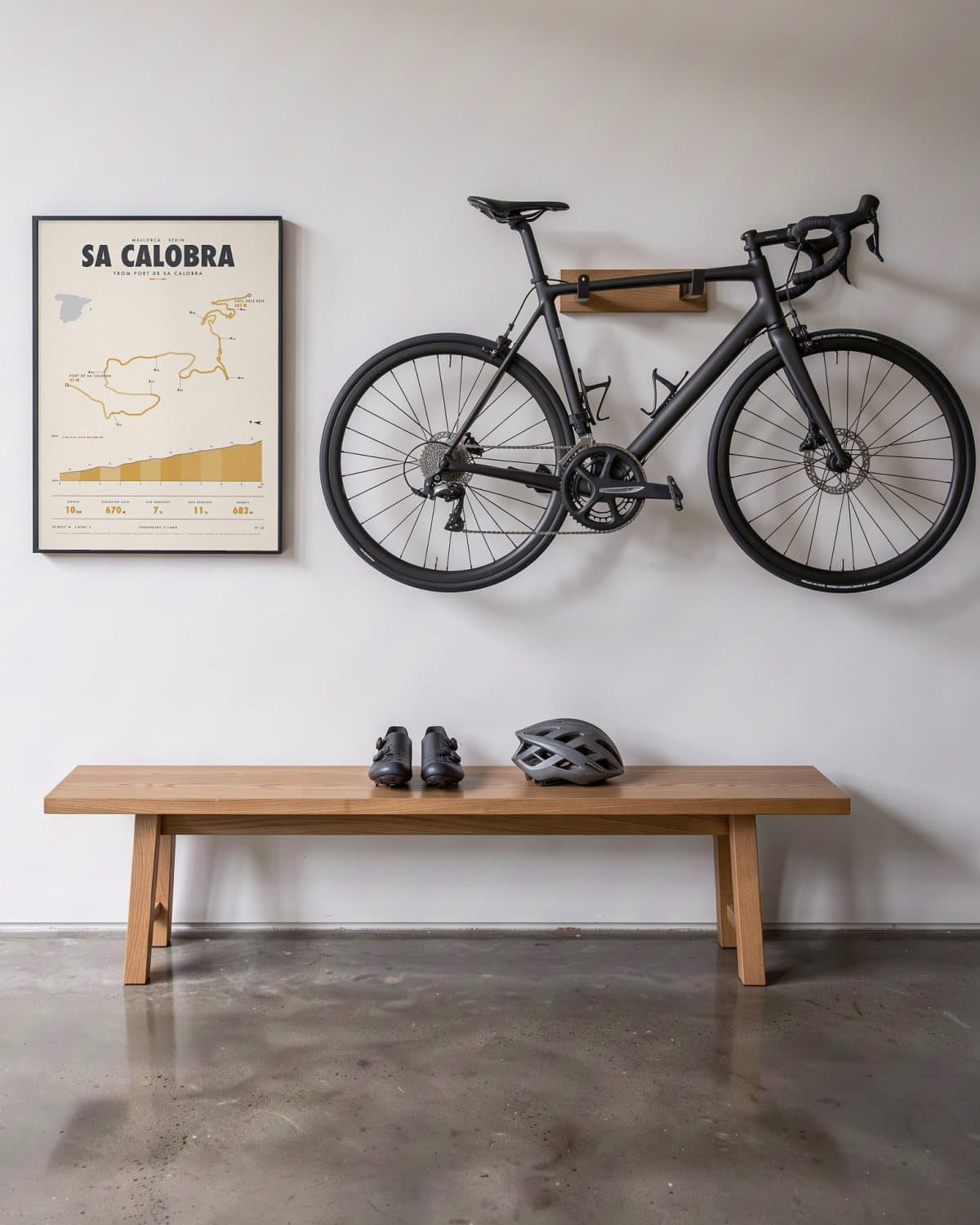 Sa Calobra fietsklimposter in een zwarte lijst (45 × 60 cm) in een hal naast een racefiets