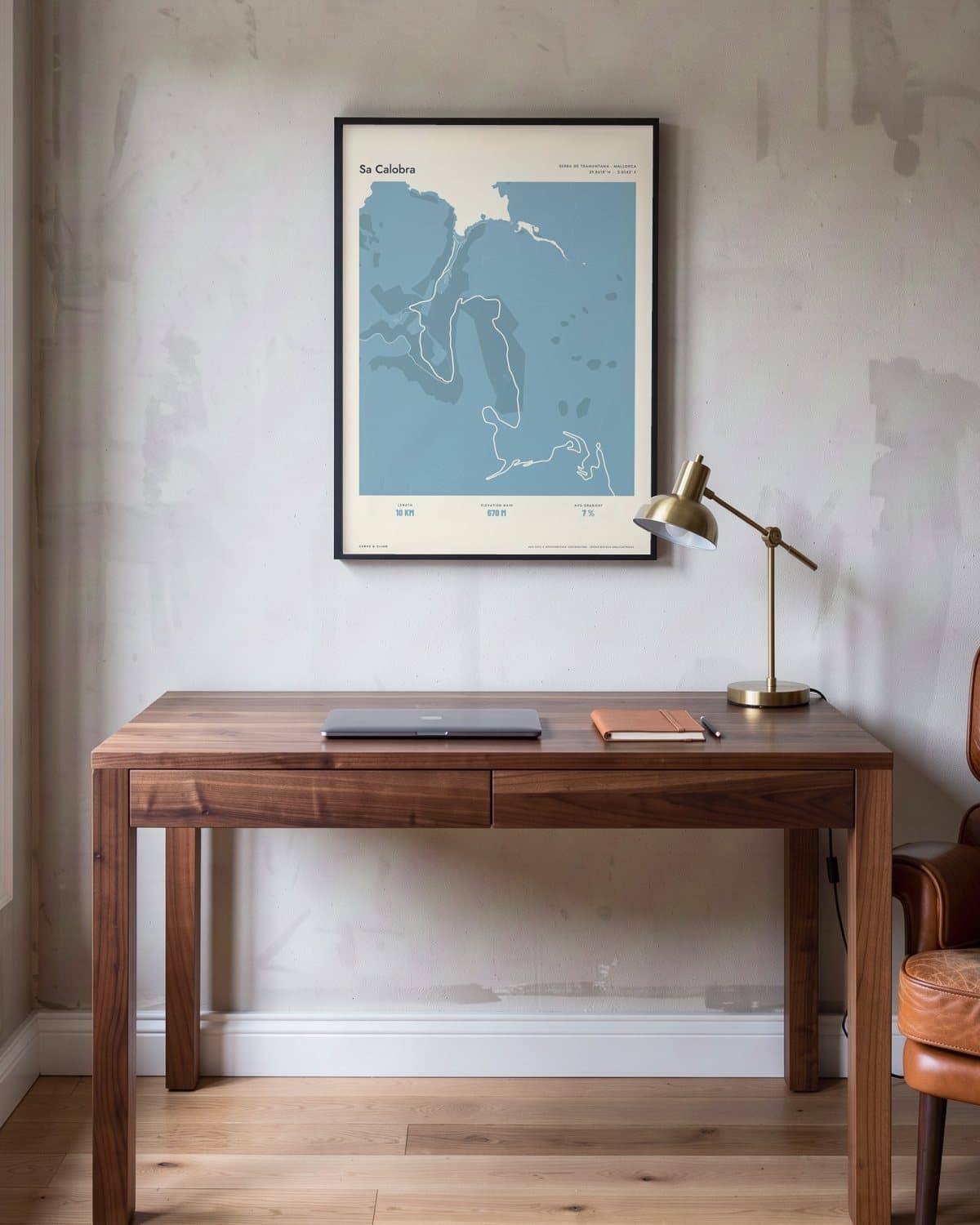 Sa Calobra Atlas Dusky Blue map poster in a black frame (45 × 60 cm) in a home office