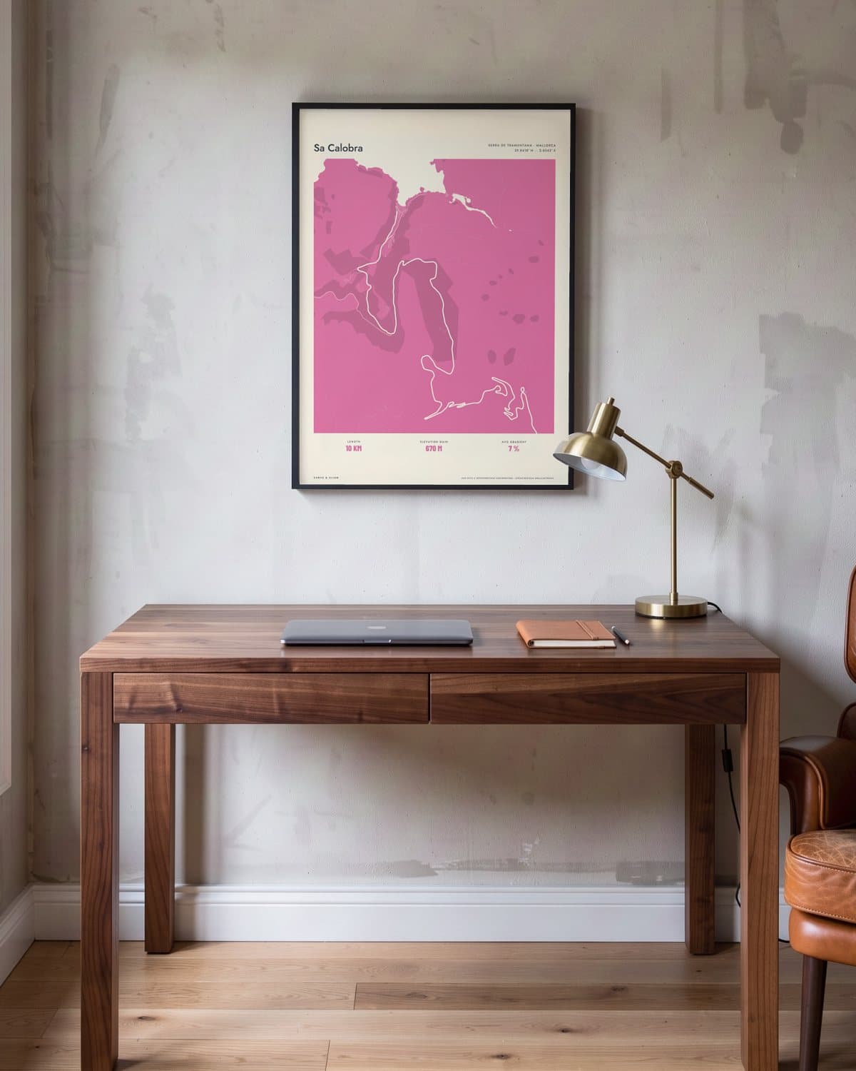 Sa Calobra Atlas Pink map poster in a black frame (45 × 60 cm) in a home office