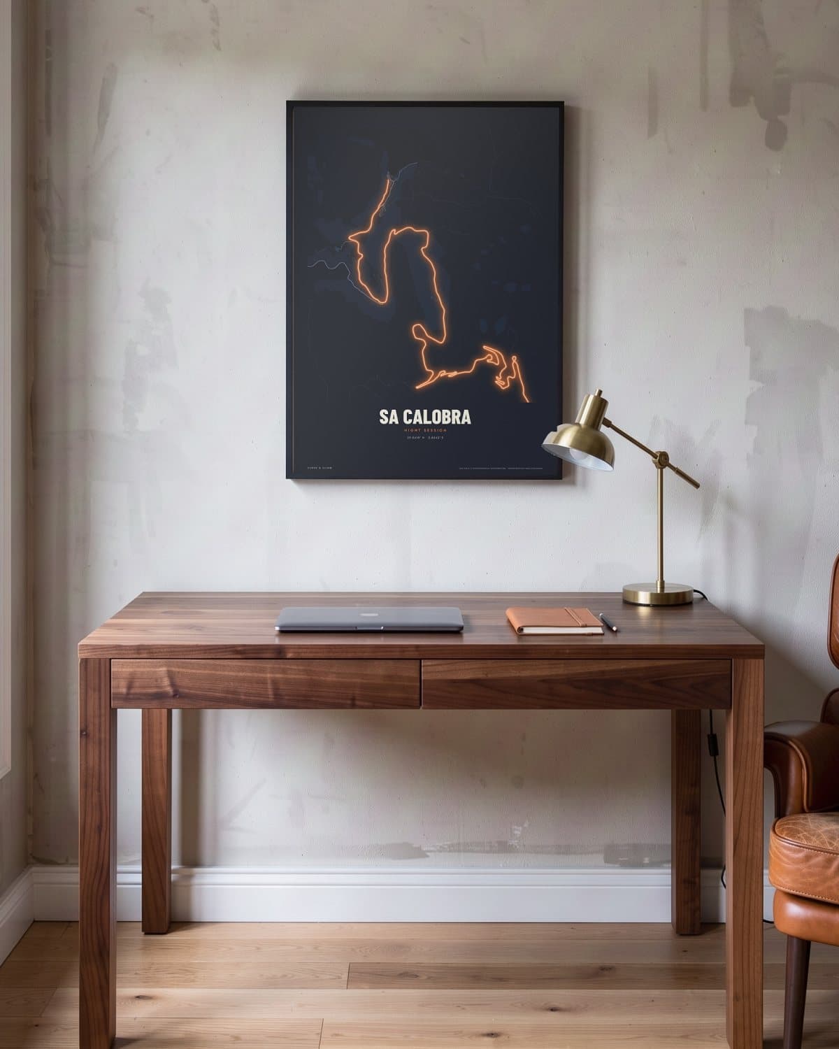 Sa Calobra Night Session map poster in a black frame (45 × 60 cm) in a home office