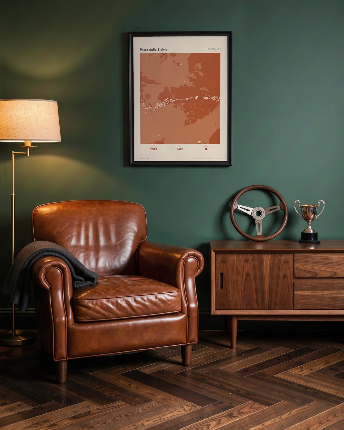 Passo dello Stelvio Atlas Burnt Orange map poster in a black frame (45 × 60 cm) in a green den