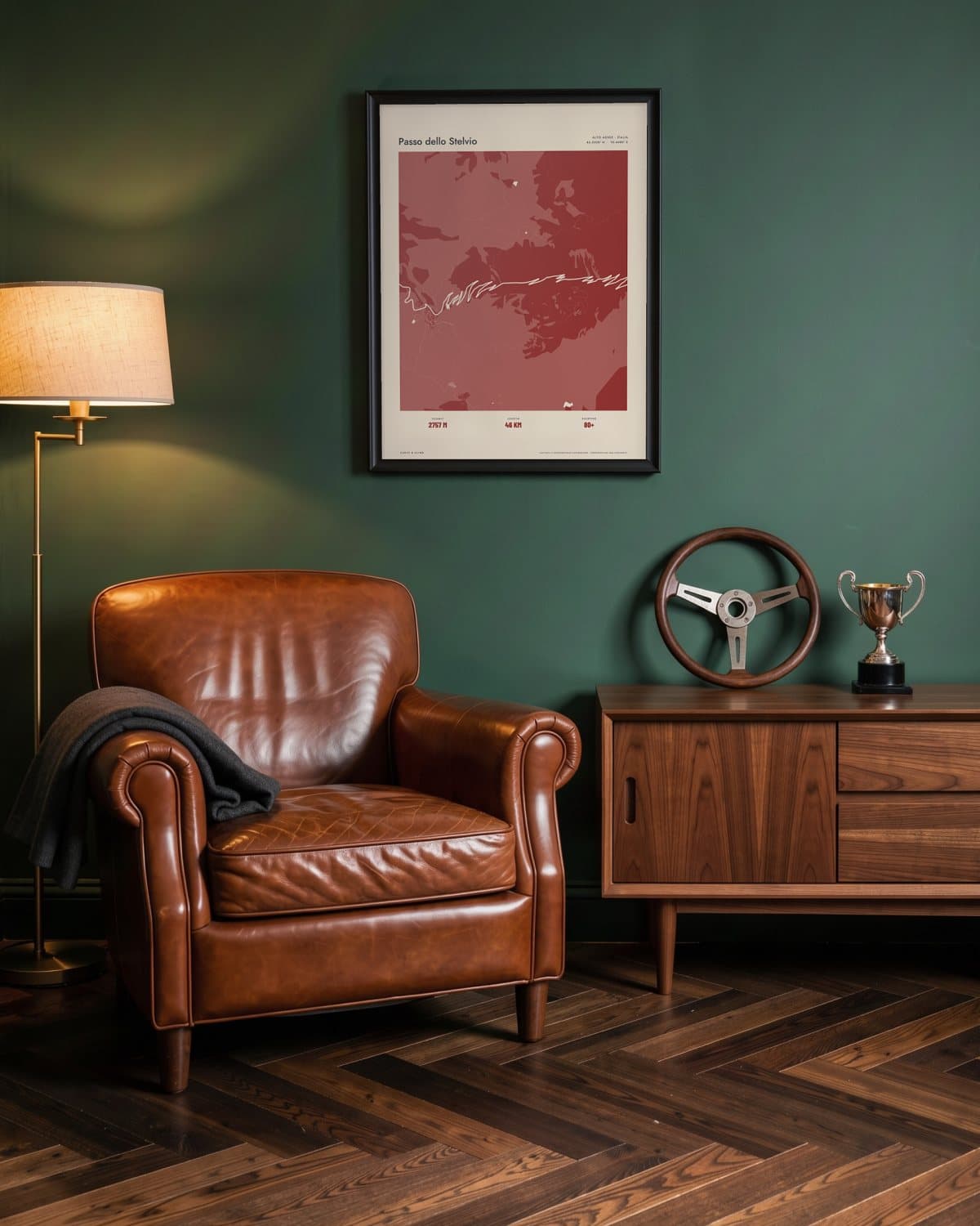 Passo dello Stelvio Atlas Deep Red map poster in a black frame (45 × 60 cm) in a green den