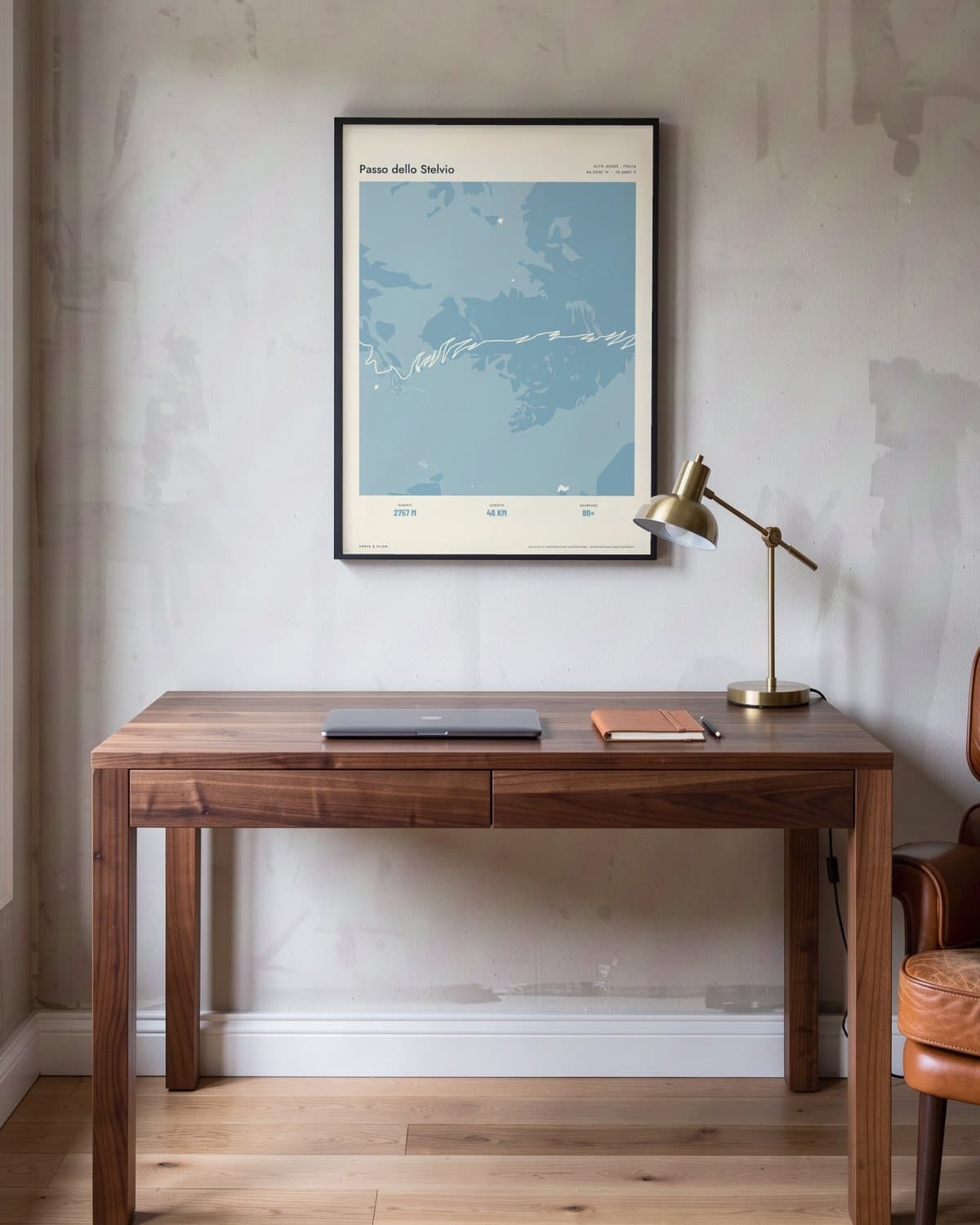 Passo dello Stelvio Atlas Dusky Blue map poster in a black frame (45 × 60 cm) in a home office