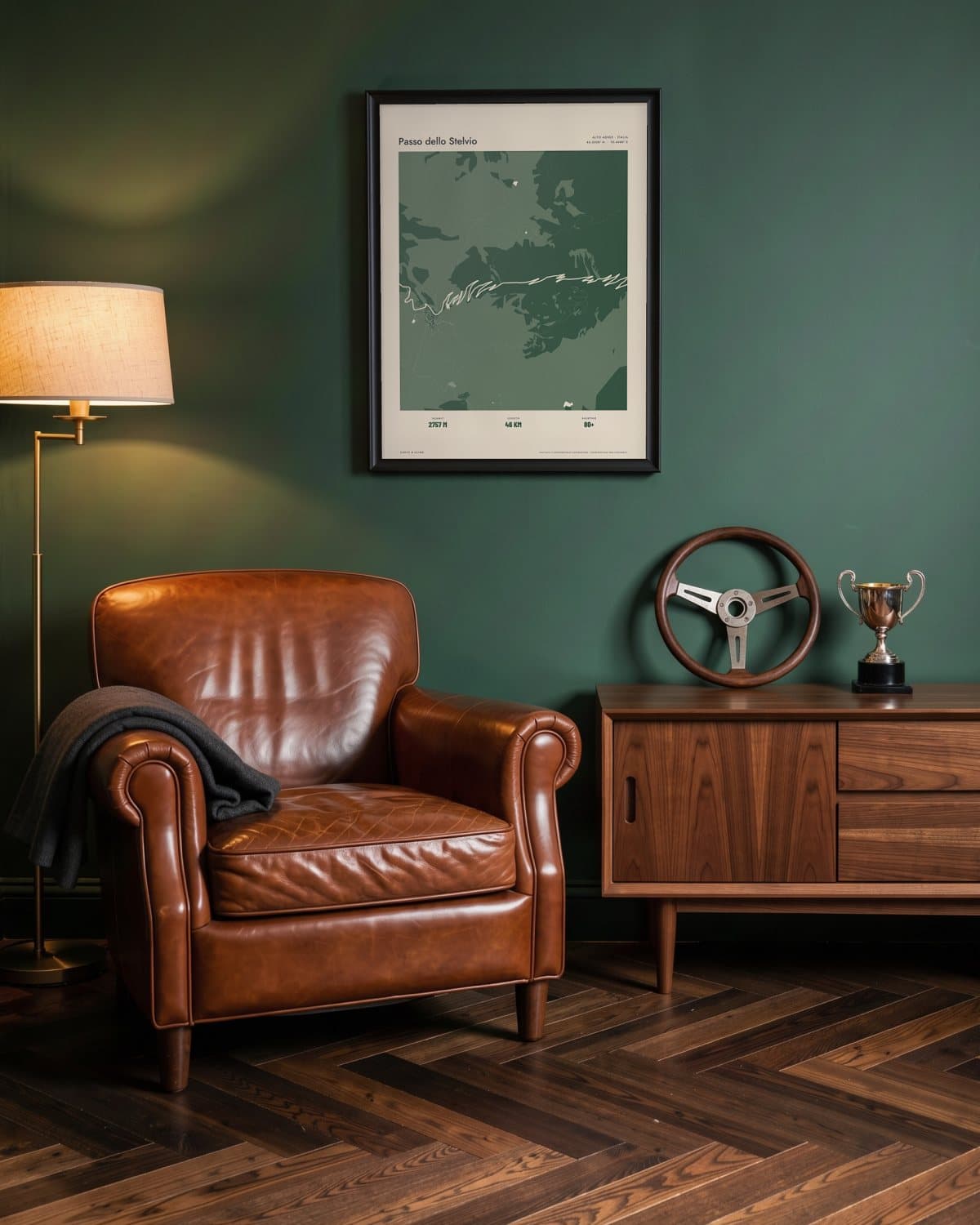 Passo dello Stelvio Atlas Forest map poster in a black frame (45 × 60 cm) in a green den