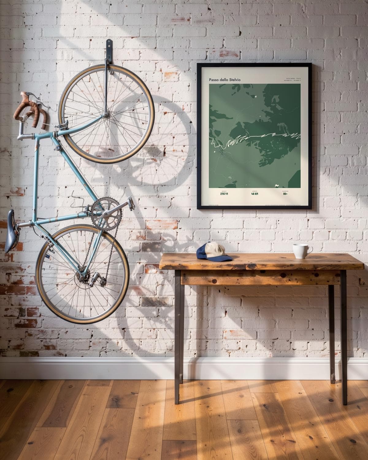 Passo dello Stelvio Atlas Forest map poster in a black frame (45 × 60 cm) in a brick loft with a vintage bike