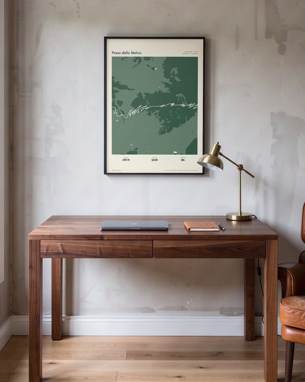 Passo dello Stelvio Atlas Forest map poster in a black frame (45 × 60 cm) in a home office