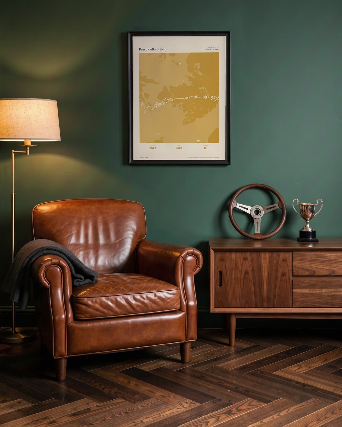 Passo dello Stelvio Atlas Mustard map poster in a black frame (45 × 60 cm) in a green den