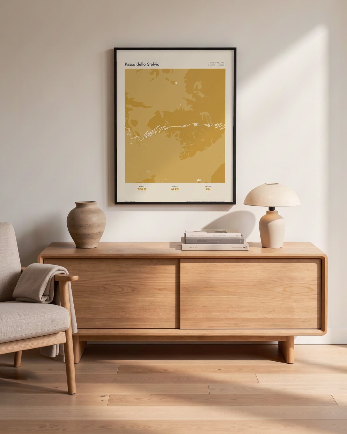 Passo dello Stelvio Atlas Mustard map poster in a black frame (45 × 60 cm) in a living room