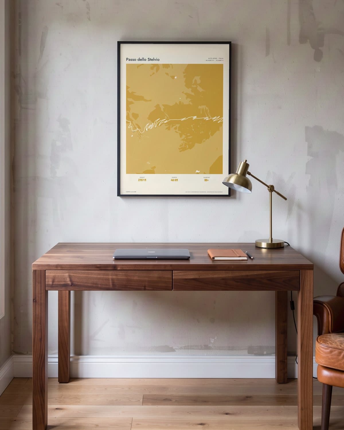Passo dello Stelvio Atlas Mustard map poster in a black frame (45 × 60 cm) in a home office