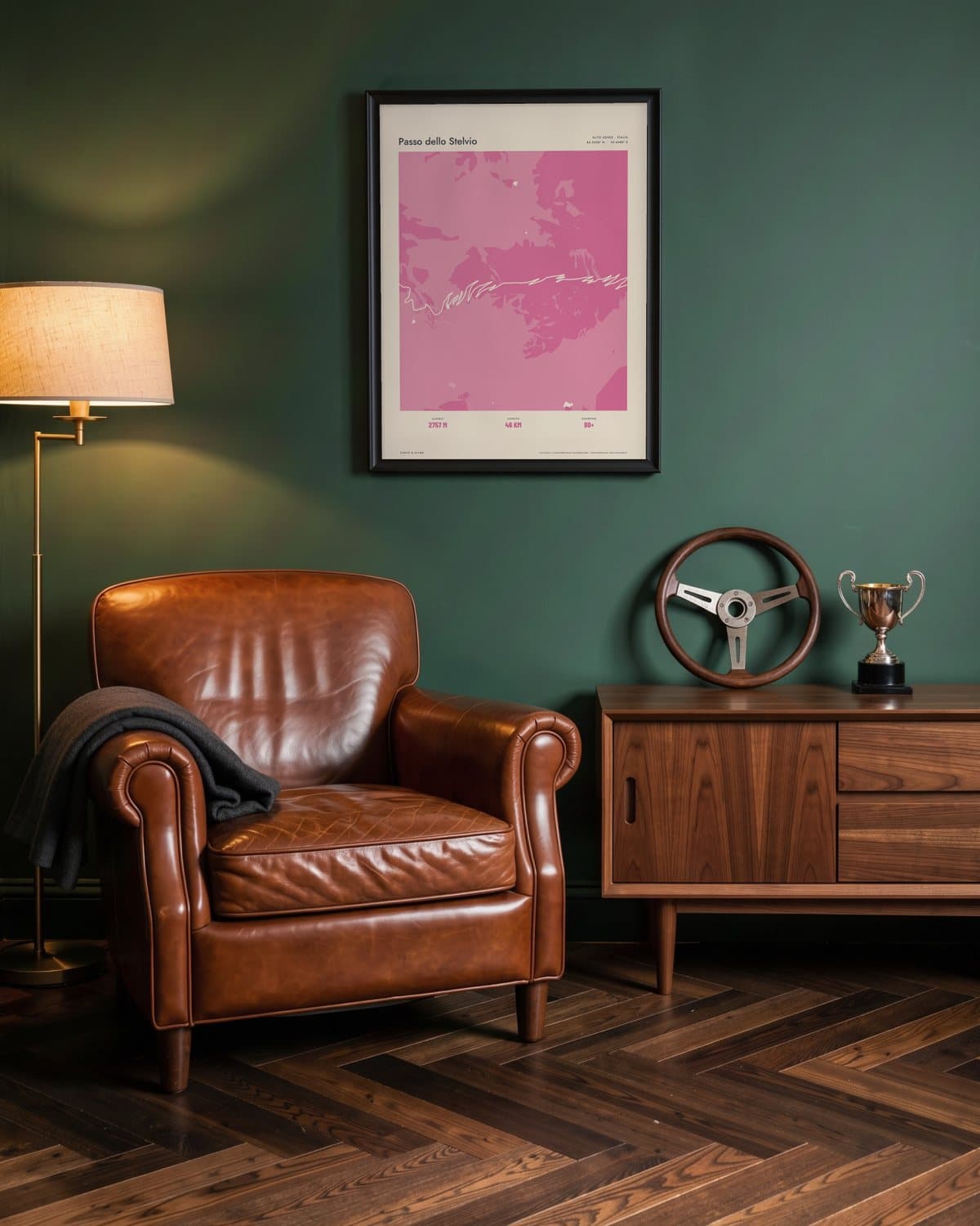 Passo dello Stelvio Atlas Pink map poster in a black frame (45 × 60 cm) in a green den