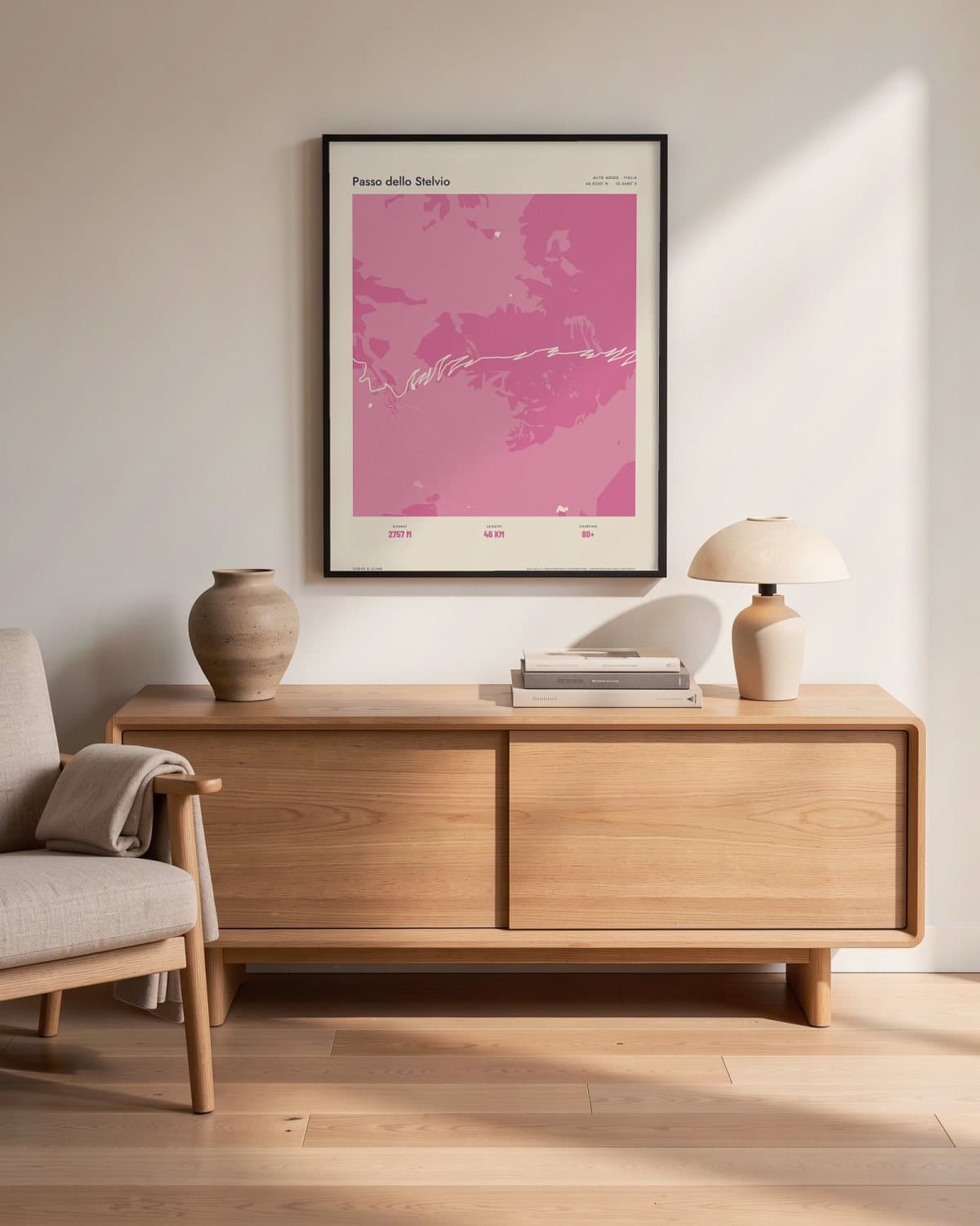 Passo dello Stelvio Atlas Pink map poster in a black frame (45 × 60 cm) in a living room