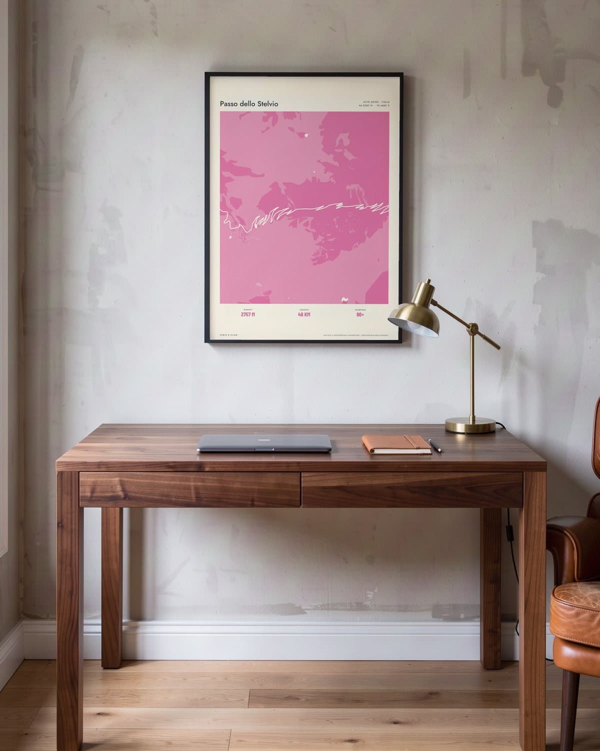 Passo dello Stelvio Atlas Pink map poster in a black frame (45 × 60 cm) in a home office